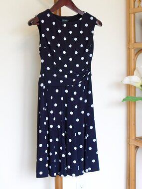 Ralph Lauren Polka-Dot Jersey Dress Lighthouse Navy/Cream Petite 2